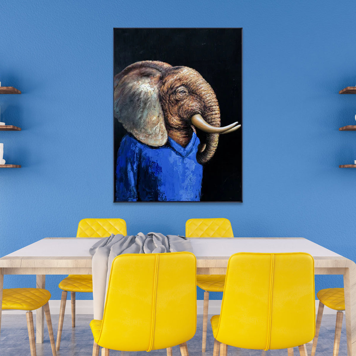 Canvas wall art elephant in blue shirt with surreal design