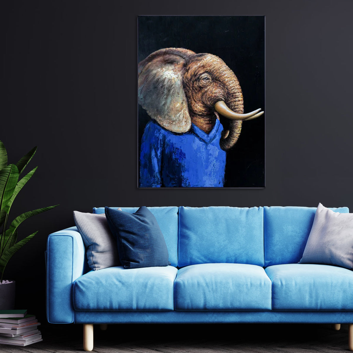 Canvas wall art elephant in blue shirt with surreal design