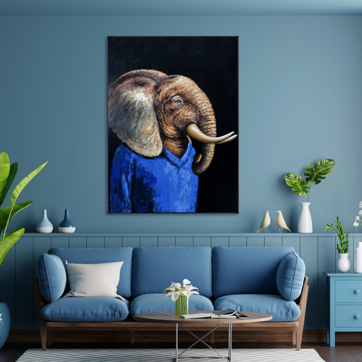 Canvas wall art elephant in blue shirt with surreal design