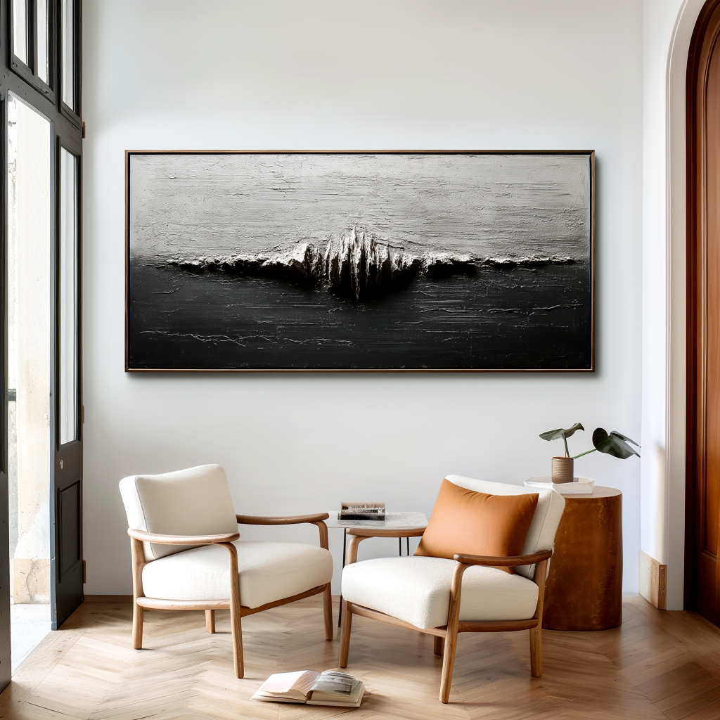 Textured Abstract Ocean Wave Wall Art – Monochrome Horizon Flow