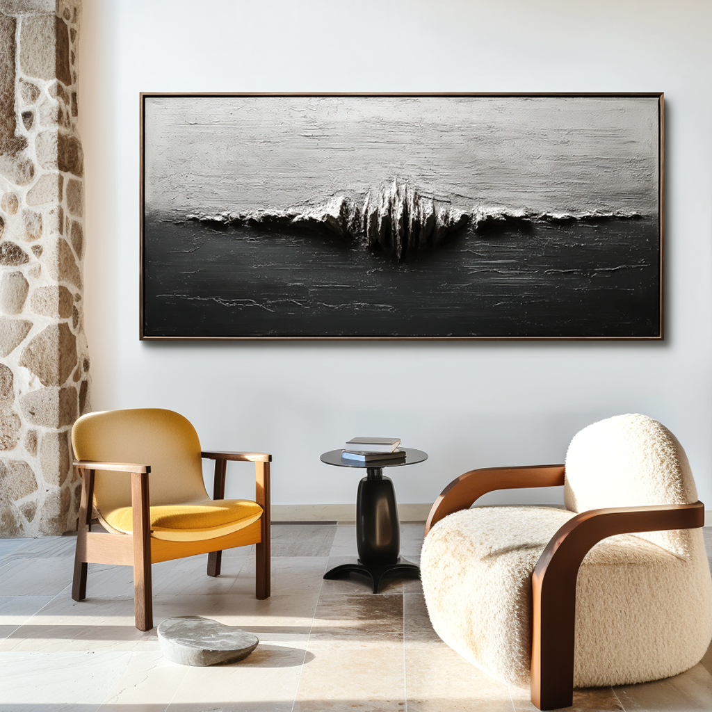 Textured Abstract Ocean Wave Wall Art – Monochrome Horizon Flow