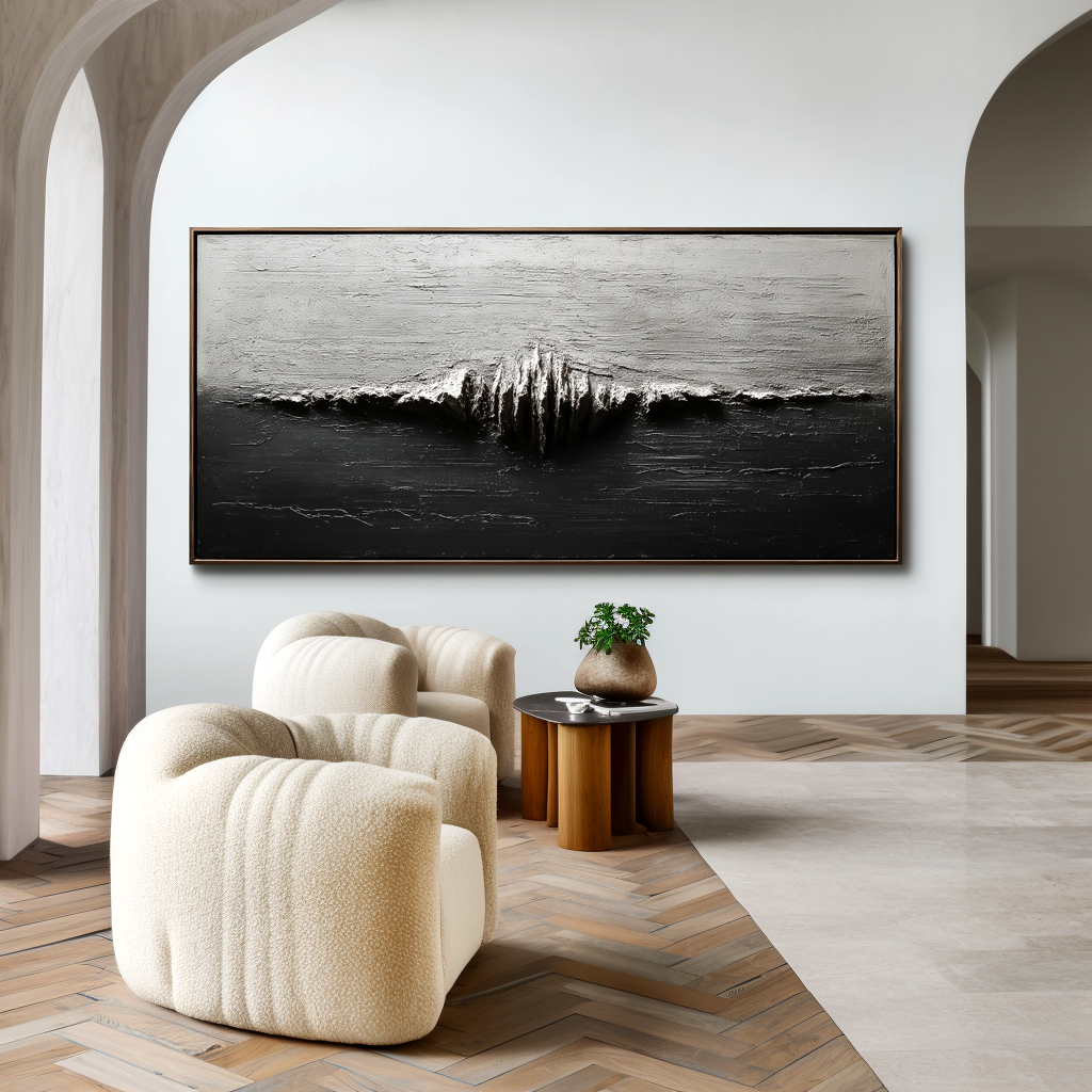 Textured Abstract Ocean Wave Wall Art – Monochrome Horizon Flow
