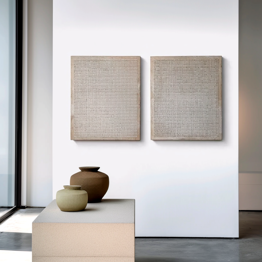 Large Minimalist Textured Diptych Wall Art – Modern Abstract Grid Canvas Set Neutral Contemporary Decor
