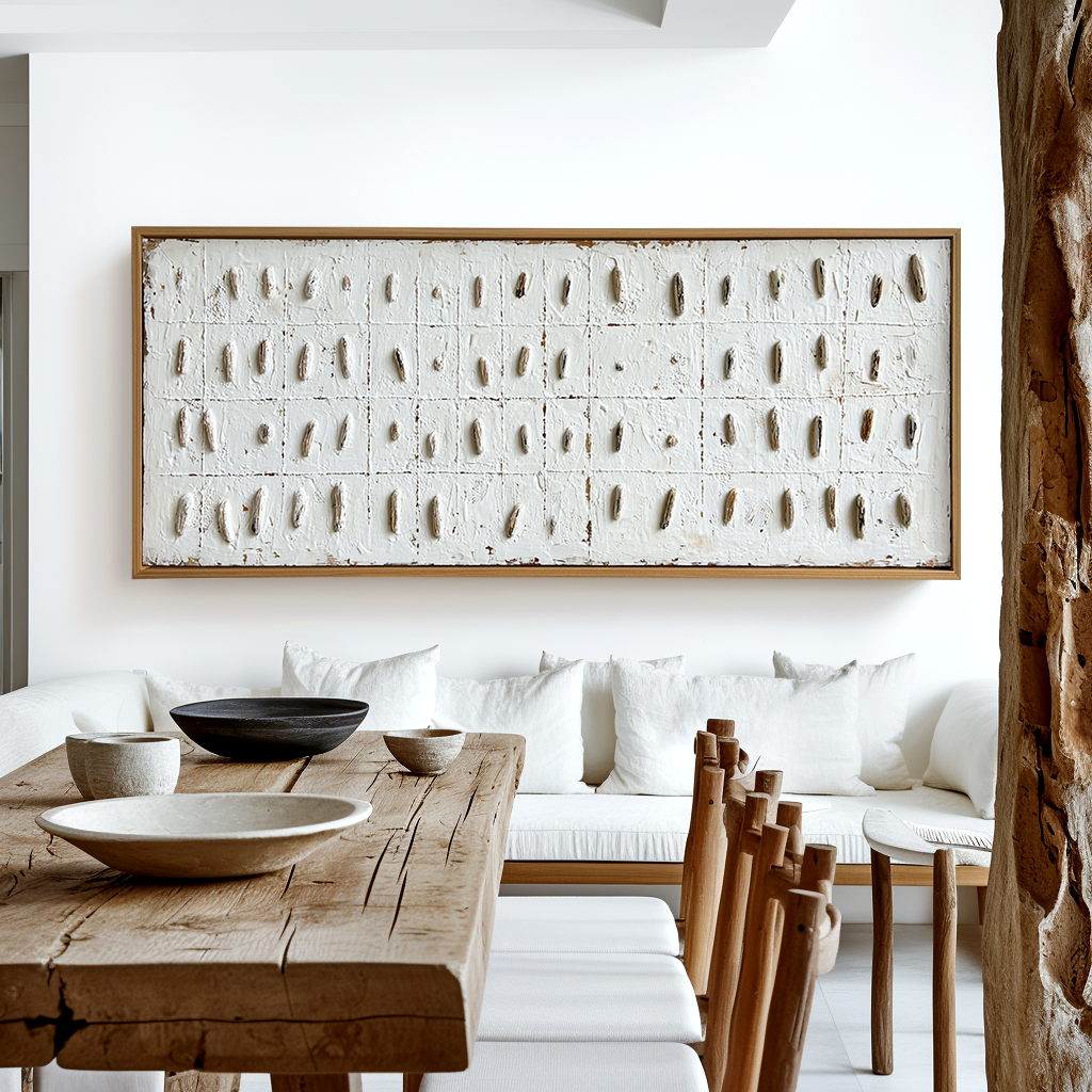 Large Minimalist Textured Abstract Wall Art – Neutral Grid Canvas Modern Sculptural Decor