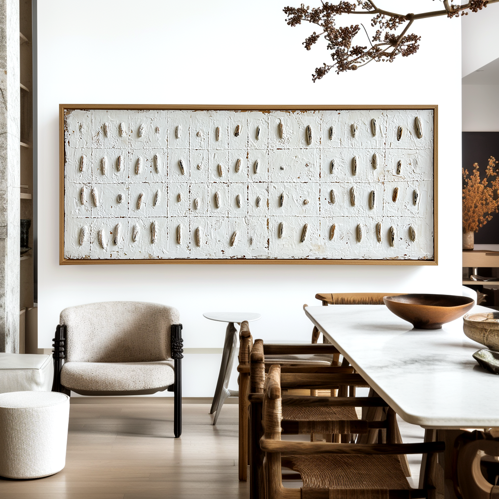 Large Minimalist Textured Abstract Wall Art – Neutral Grid Canvas Modern Sculptural Decor