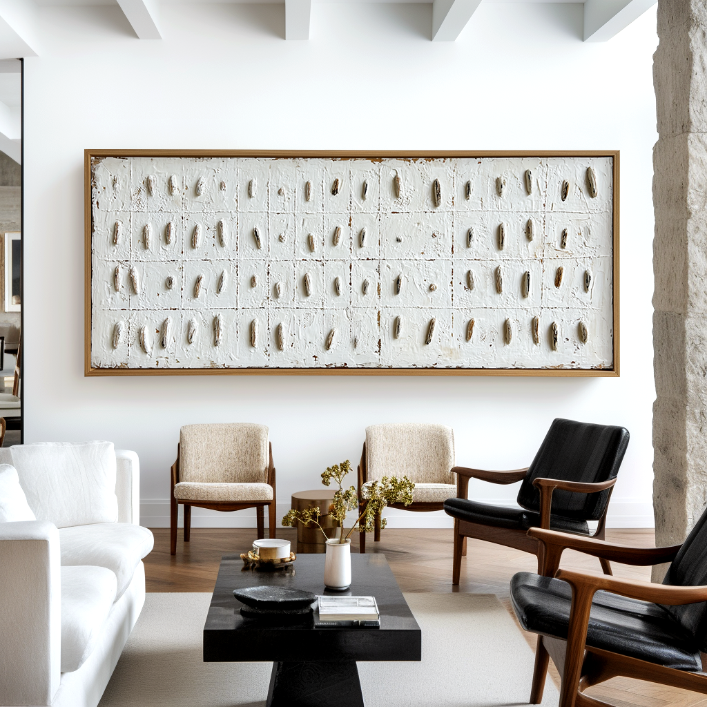 Large Minimalist Textured Abstract Wall Art – Neutral Grid Canvas Modern Sculptural Decor