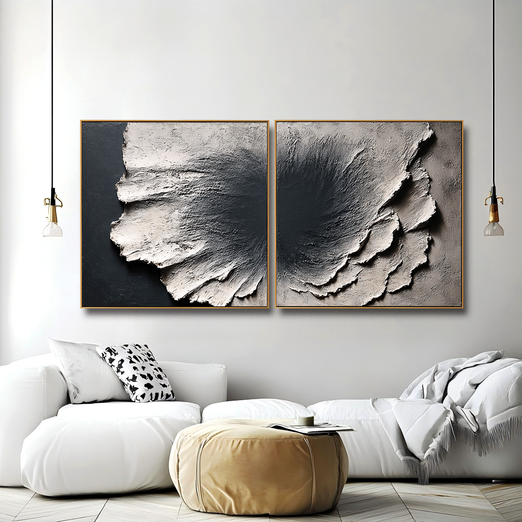 Large Textured Abstract Diptych Wall Art – Modern Sculptural Canvas Set Minimalist Stone Texture Decor