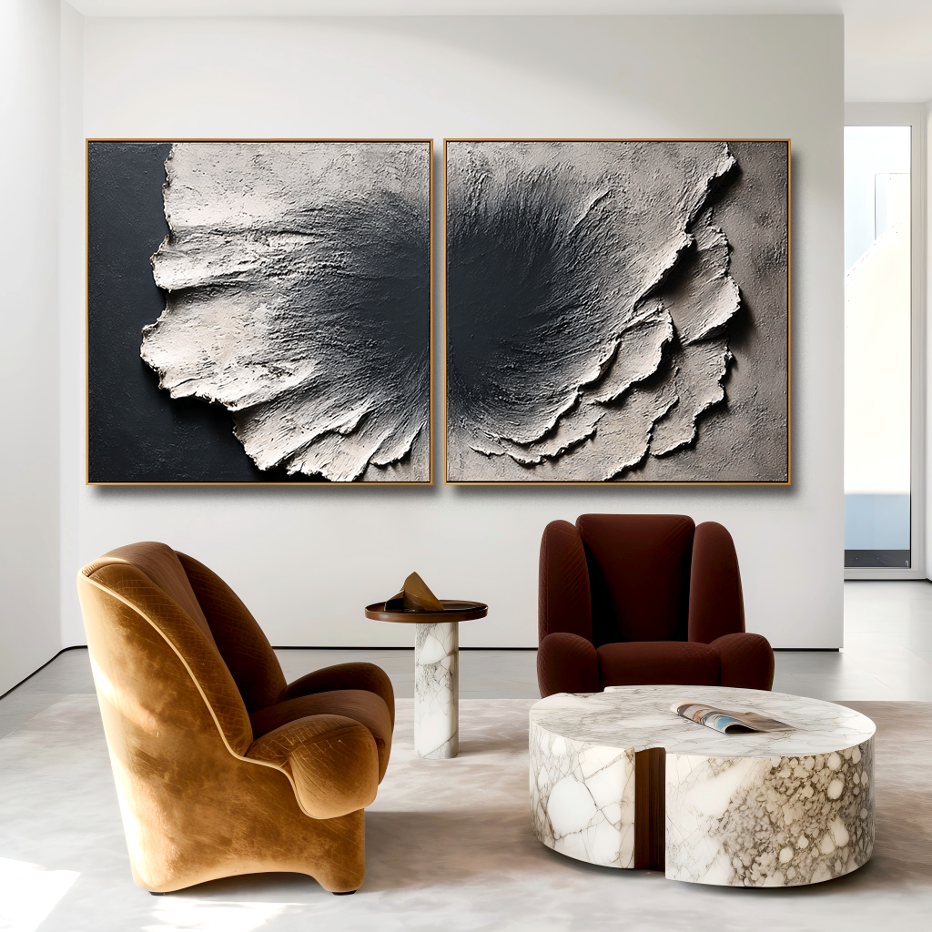 Large Textured Abstract Diptych Wall Art – Modern Sculptural Canvas Set Minimalist Stone Texture Decor