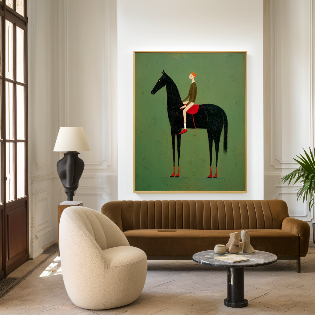 Whimsical Figurative Wall Art – Boy Riding a Black Horse