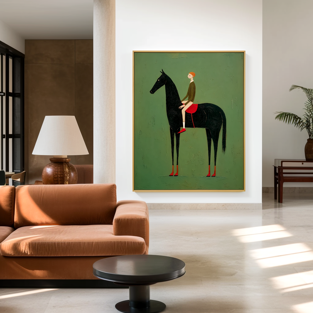 Whimsical Figurative Wall Art – Boy Riding a Black Horse