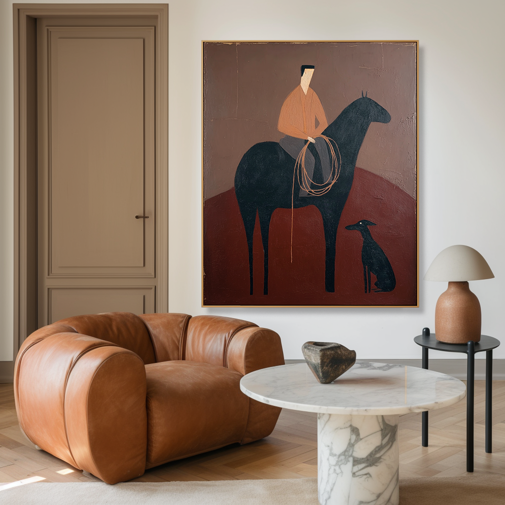 Narrative Figurative Wall Art – Rider, Horse, and Dog