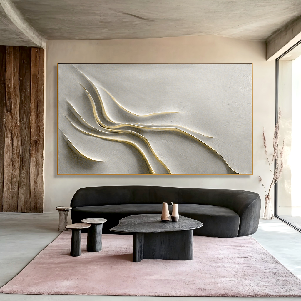 Flowing Minimalist Textured Wall Art with Soft Gold Accents