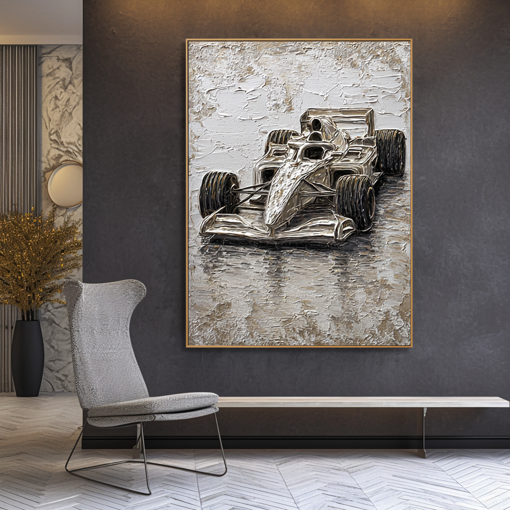 Velocity of Silence – Formula Racing Car Textured Painting, Modern Motorsport Wall Art
