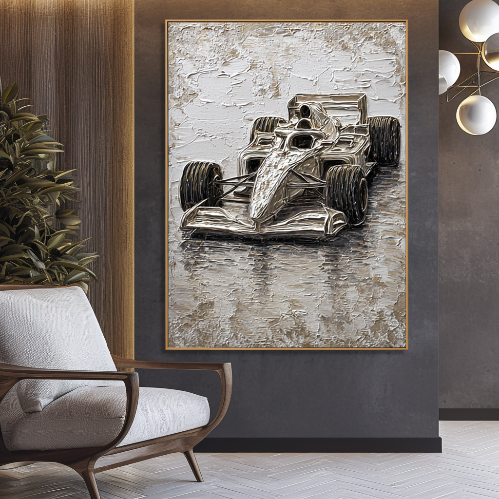 Velocity of Silence – Formula Racing Car Textured Painting, Modern Motorsport Wall Art