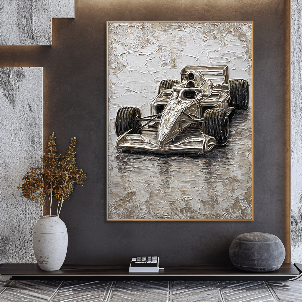Velocity of Silence – Formula Racing Car Textured Painting, Modern Motorsport Wall Art