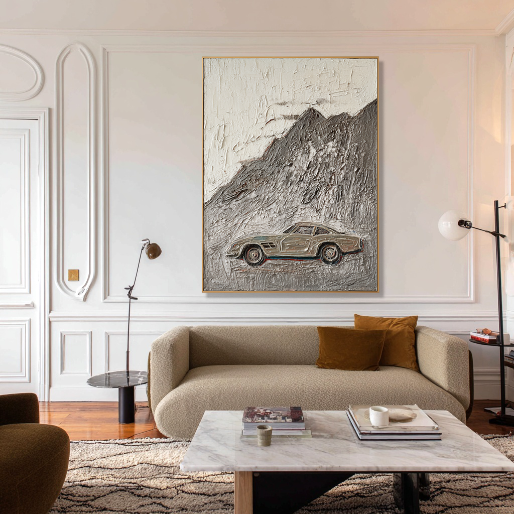 Elegance in Motion – Vintage Grand Touring Car Textured Painting, Luxury Automotive Wall Art