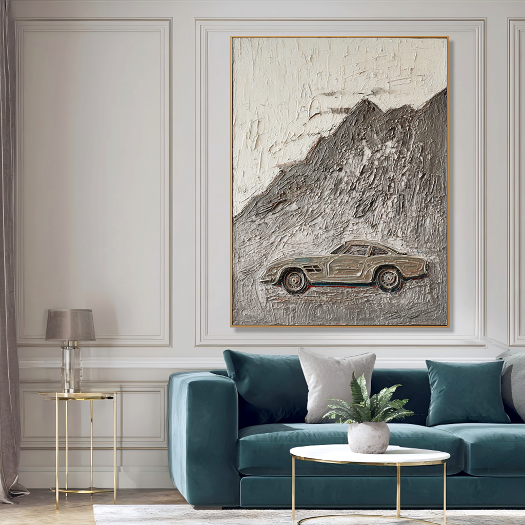 Elegance in Motion – Vintage Grand Touring Car Textured Painting, Luxury Automotive Wall Art