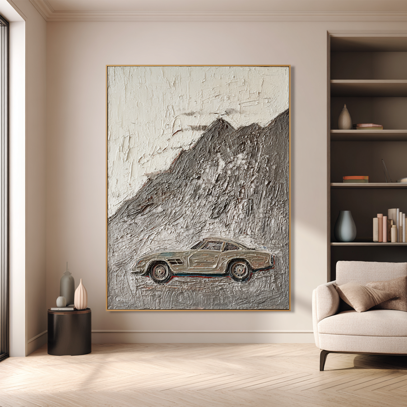 Elegance in Motion – Vintage Grand Touring Car Textured Painting, Luxury Automotive Wall Art