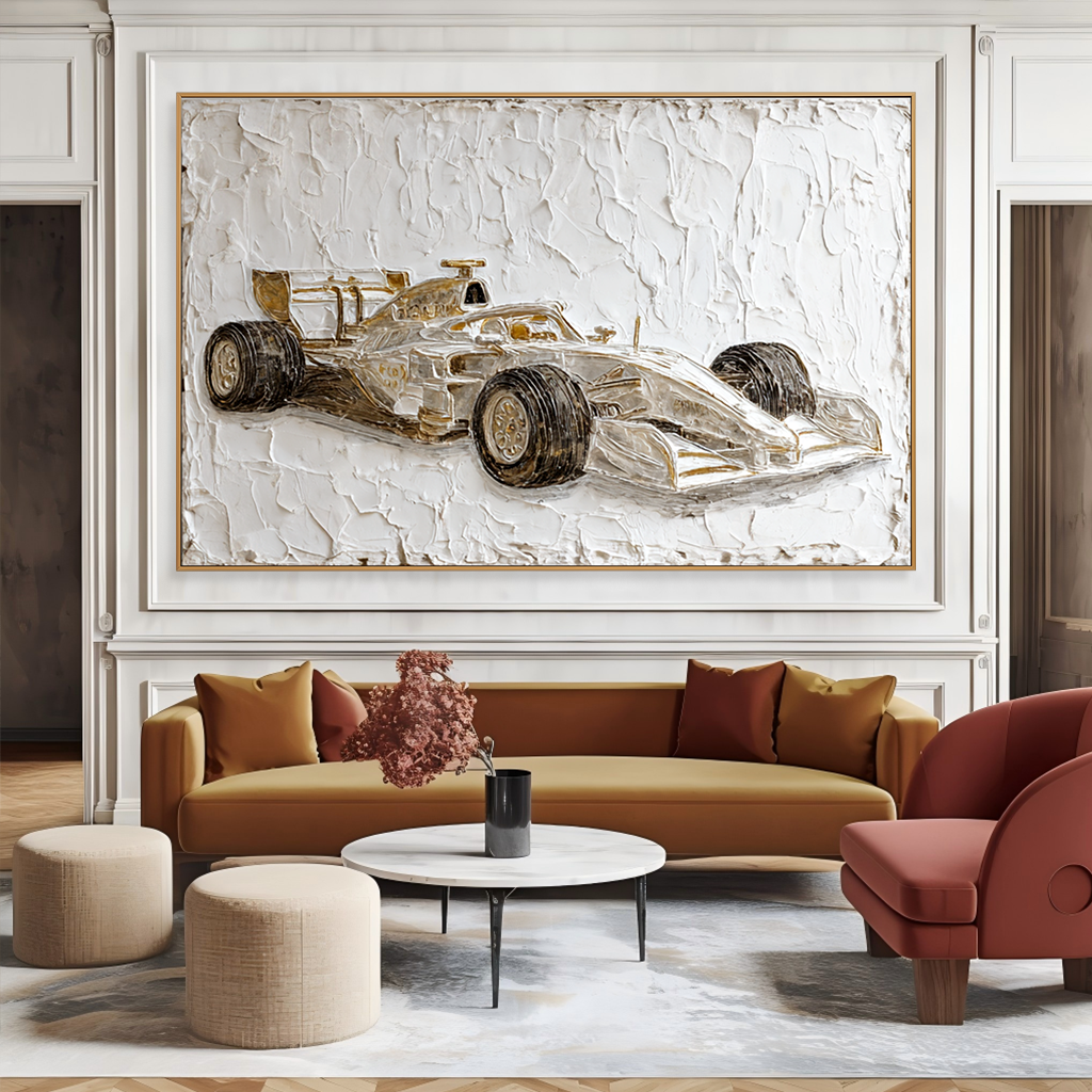 Large Textured Formula Racing Car Wall Art – Hand-Painted Motorsport Canvas Painting Modern Office Decor