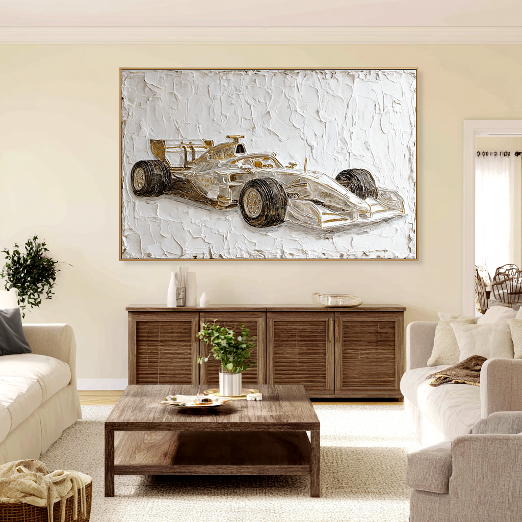 Large Textured Formula Racing Car Wall Art – Hand-Painted Motorsport Canvas Painting Modern Office Decor