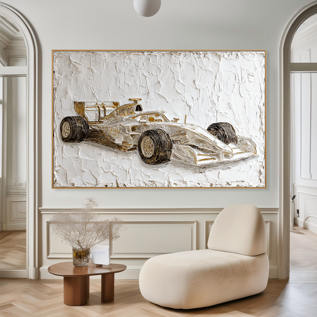 Large Textured Formula Racing Car Wall Art – Hand-Painted Motorsport Canvas Painting Modern Office Decor