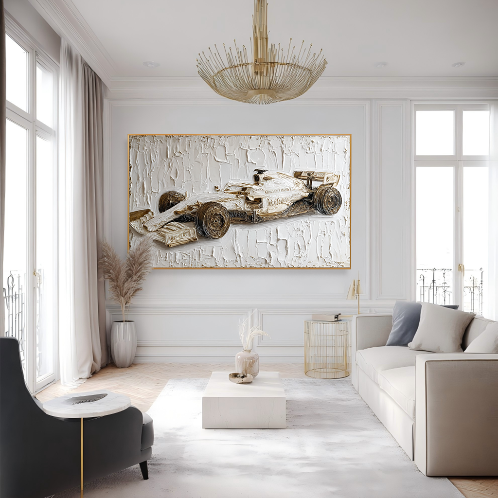 Large Textured Formula Racing Car Wall Art – Hand-Painted Motorsport Canvas Painting Modern Office Decor