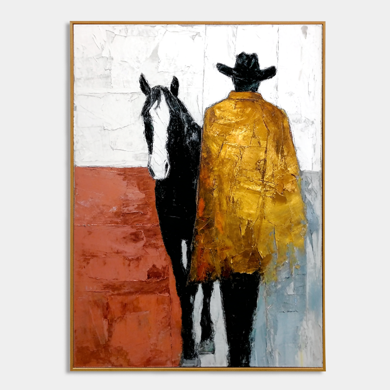 Large Hand-Painted Western Art, Cowboy and Horse Textured Oil Painting, Rustic Modern Wall Art, Western Themed Decor