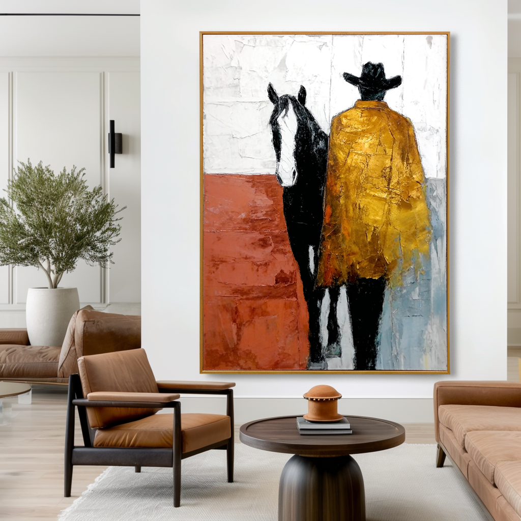 Large Hand-Painted Western Art, Cowboy and Horse Textured Oil Painting, Rustic Modern Wall Art, Western Themed Decor