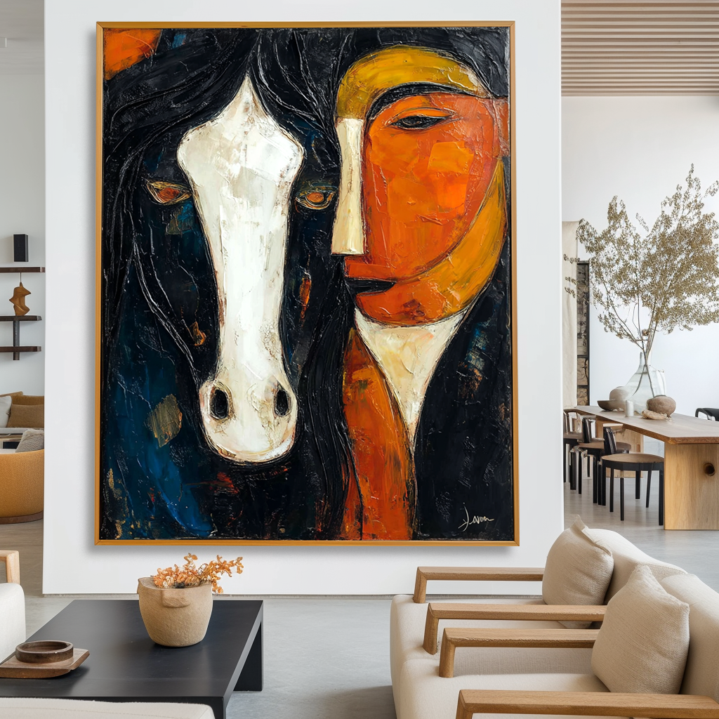 Large Abstract Oil Painting, Horse and Rider Modern Western Art, Textured Wall Art for Living Room