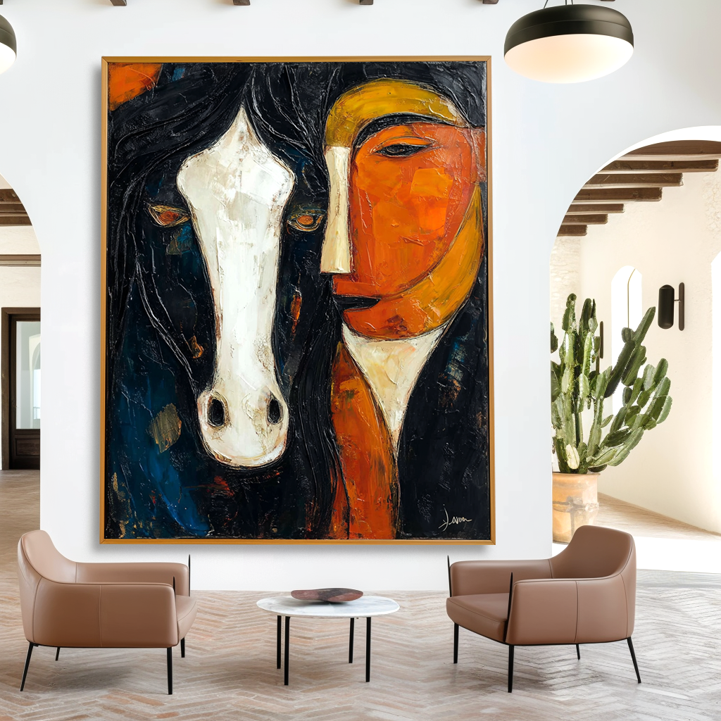 Large Abstract Oil Painting, Horse and Rider Modern Western Art, Textured Wall Art for Living Room