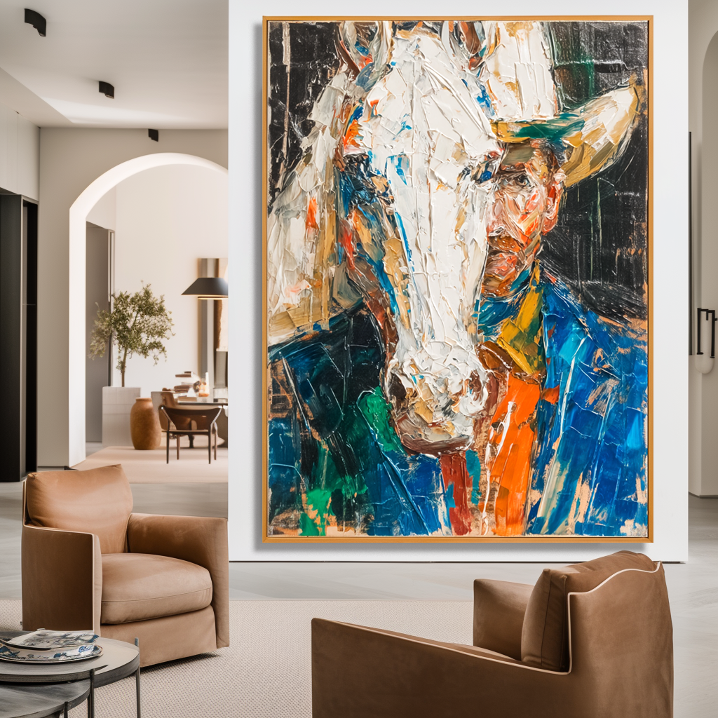 Horse and Rider – Bold Abstract Oil Painting, Colorful Western Art, Hand-Painted Texture