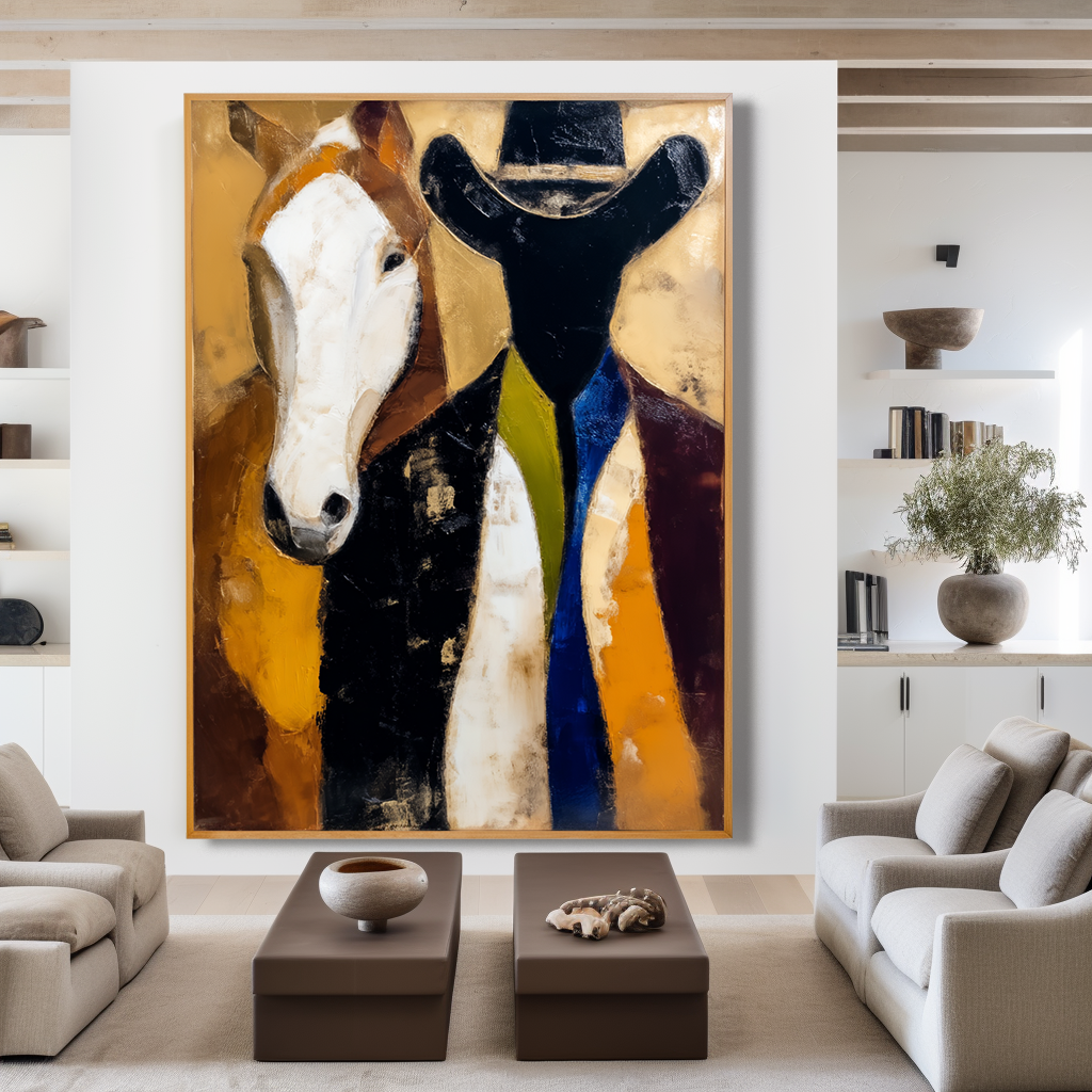 Horse and Rider – Abstract Oil Painting, Western Cowboy Art, Hand-Painted Texture