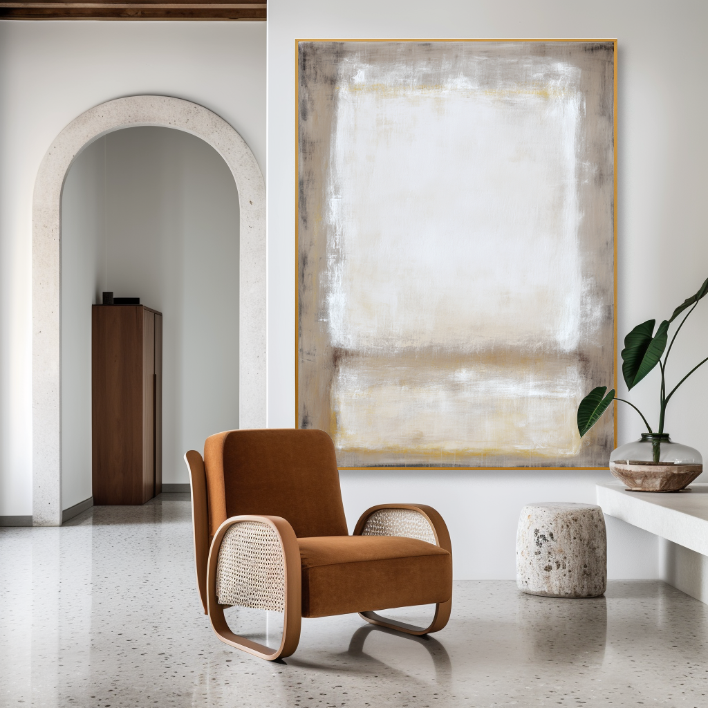 Abstract textured canvas art in soft whites, beige, and gray with light gold accents.