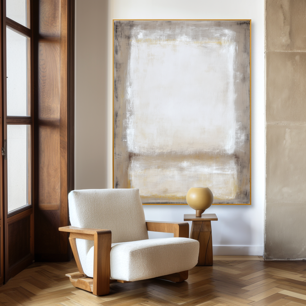 Abstract textured canvas art in soft whites, beige, and gray with light gold accents.