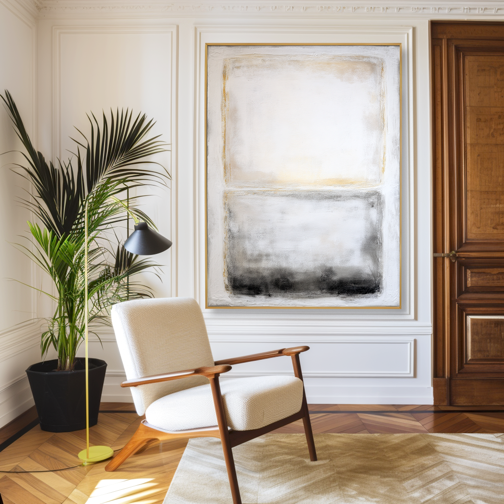 Abstract textured canvas art in soft white, gold, and black gradient tones