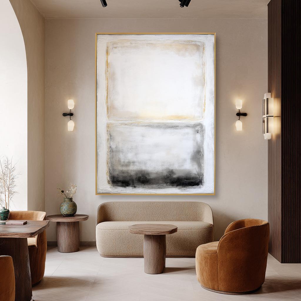 Abstract textured canvas art in soft white, gold, and black gradient tones