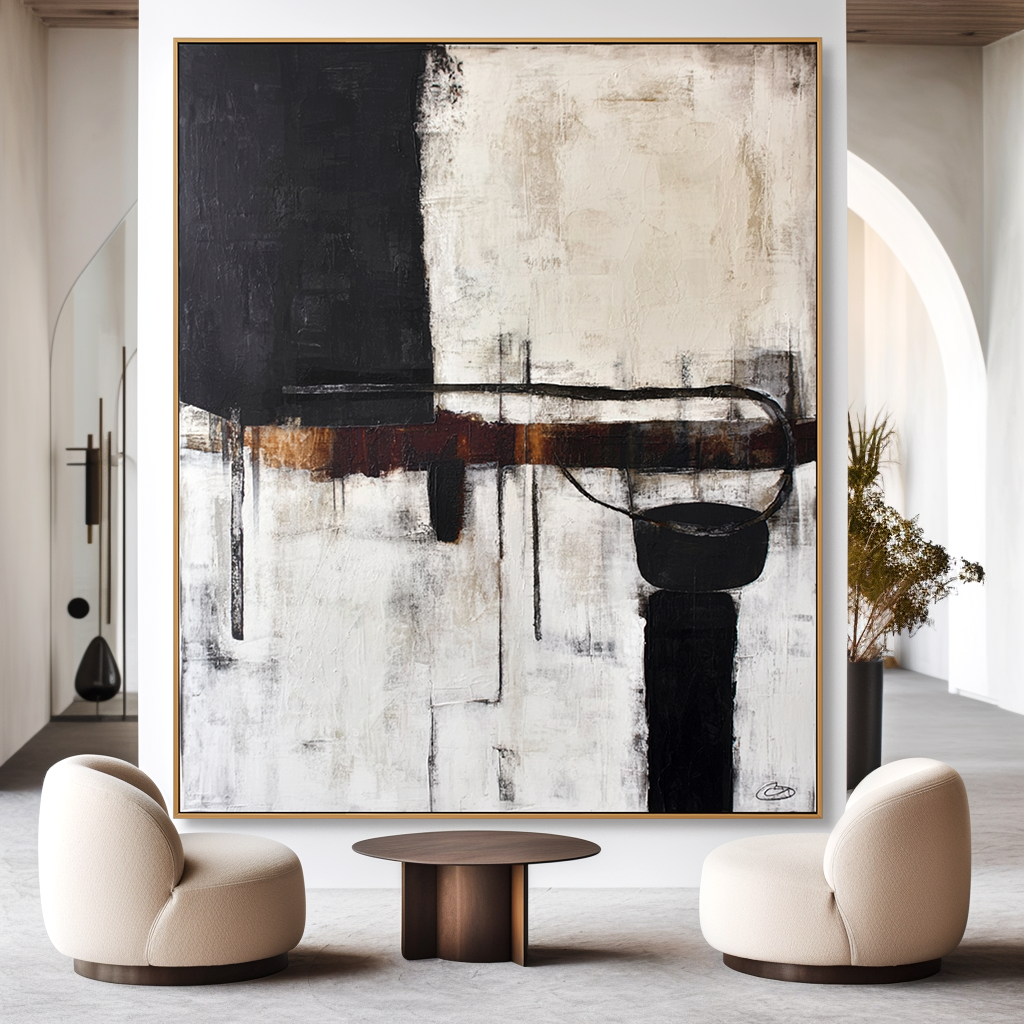 Abstract black and white art with warm brown accents and textured elements