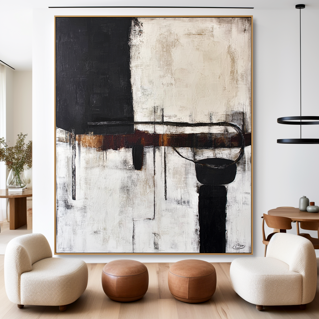 Abstract black and white art with warm brown accents and textured elements