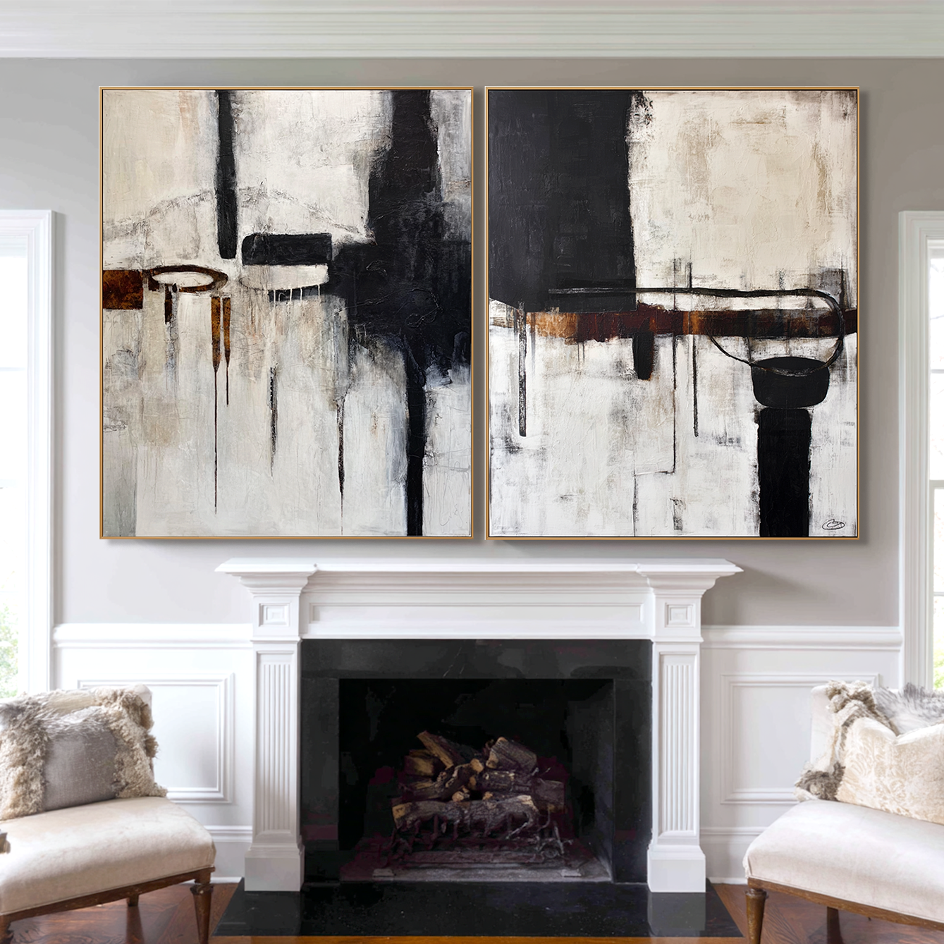 Modern abstract black and white art with geometric shapes and paint drips.