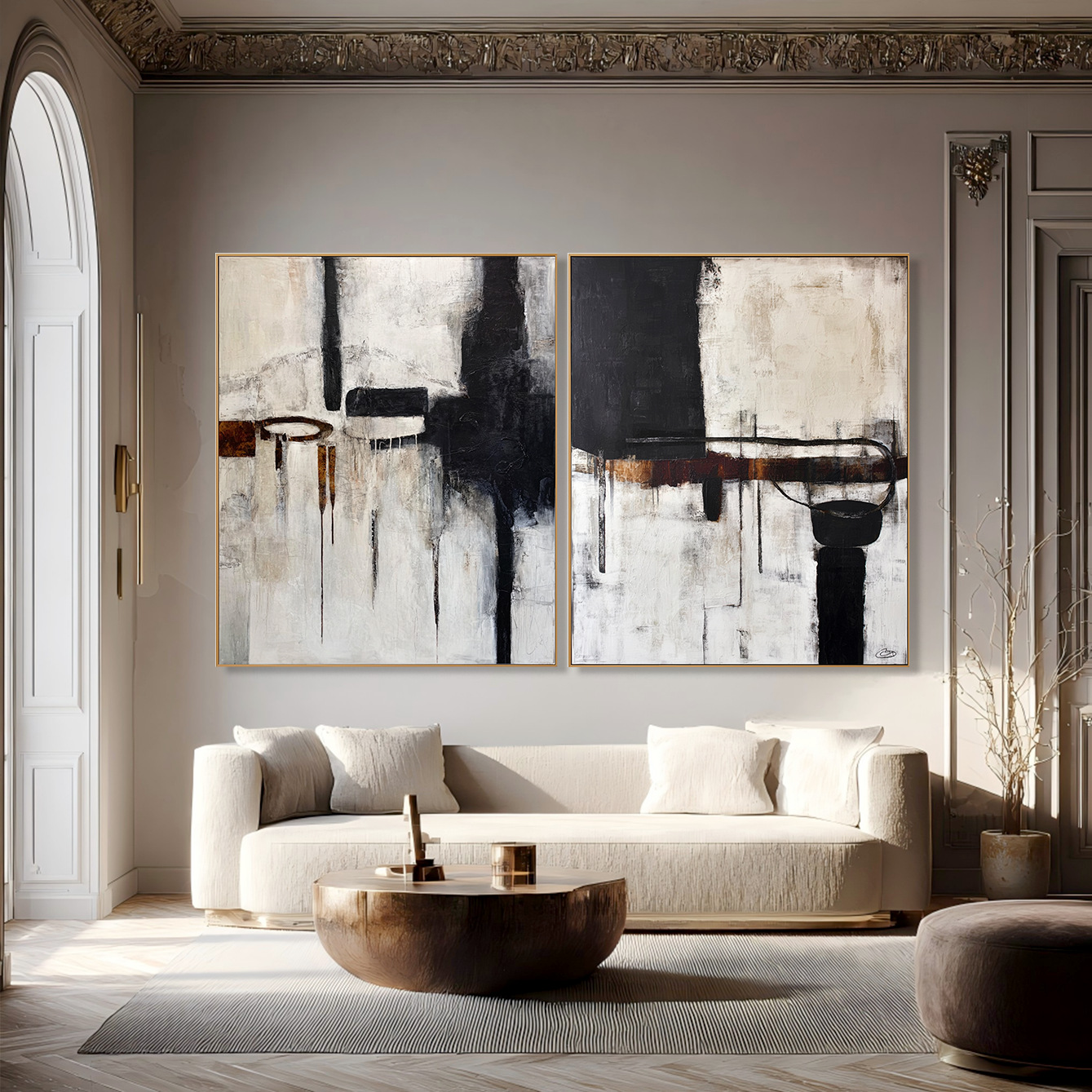 Modern abstract black and white art with geometric shapes and paint drips.