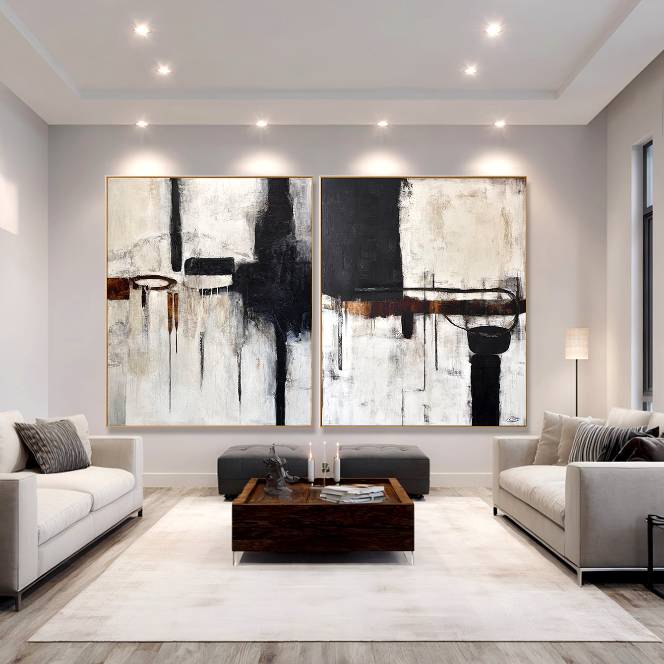 Modern abstract black and white art with geometric shapes and paint drips.