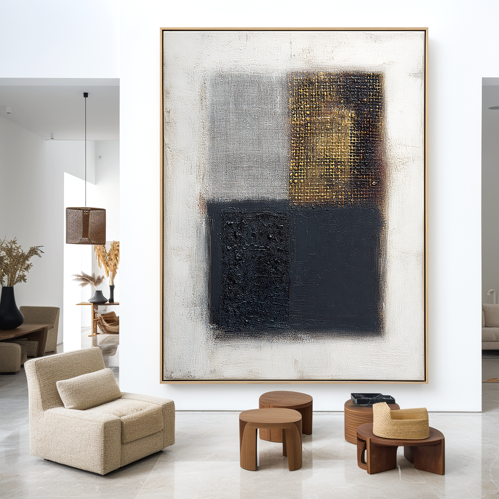 Abstract geometric art with black, gray, and gold textured squares on a white background.