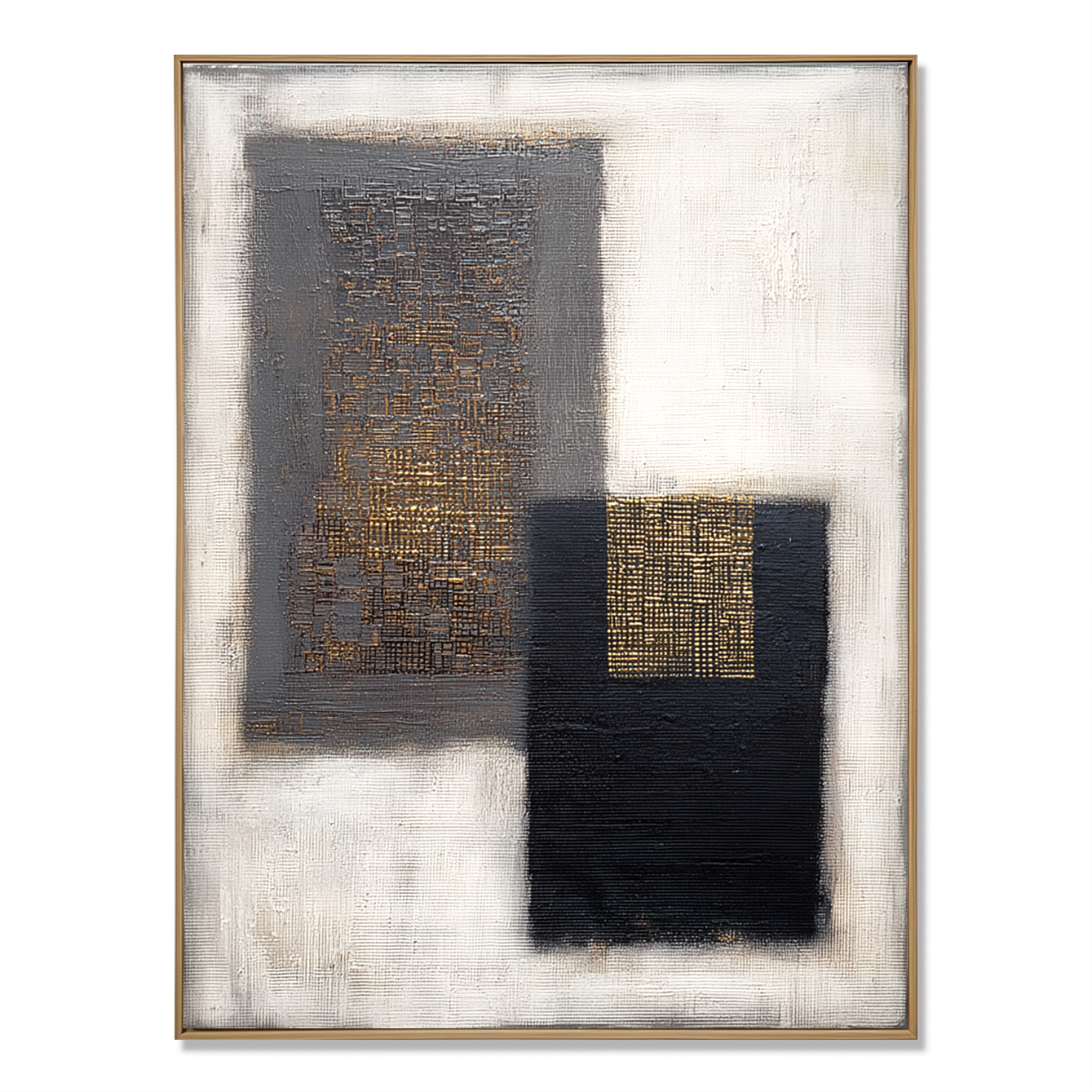 Abstract geometric art with black, gray, and gold textures on a white background.