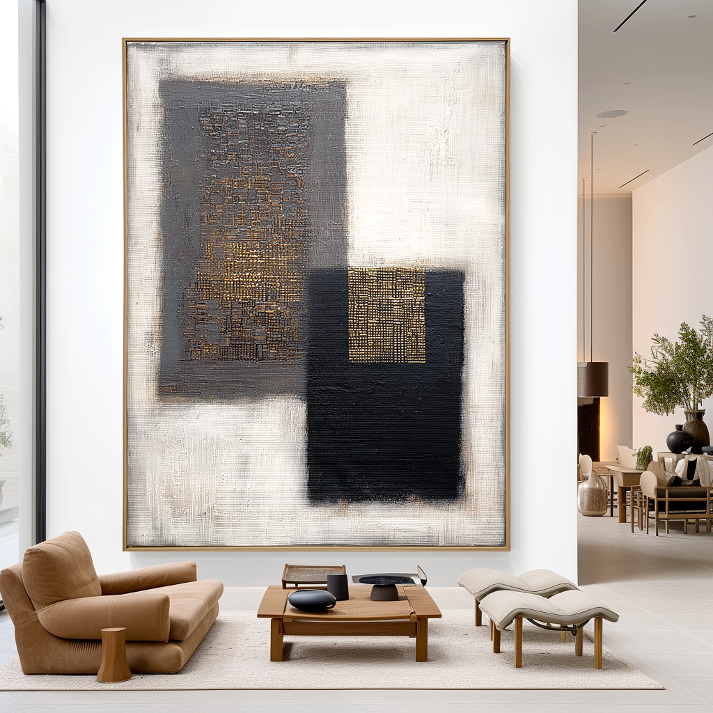 Abstract geometric art with black, gray, and gold textures on a white background.