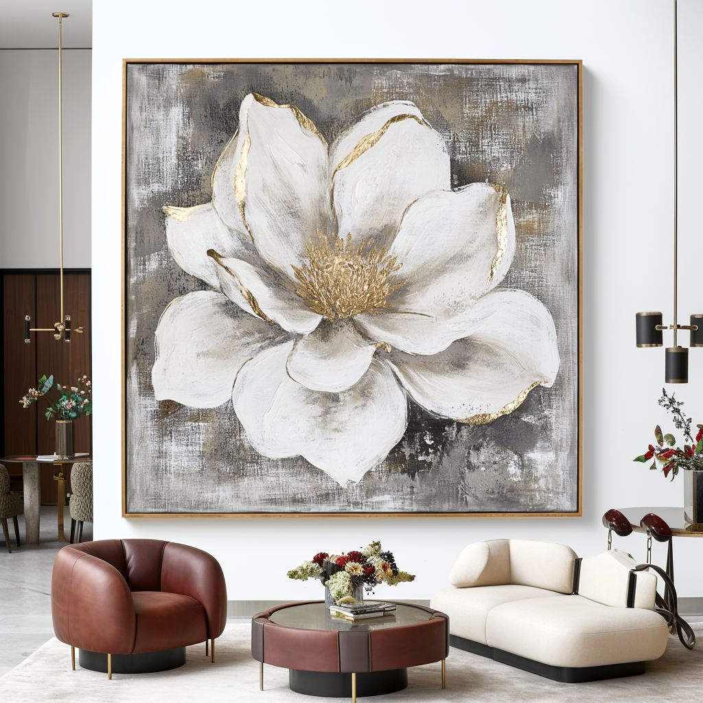 Elegant white floral canvas art with gold accents on soft gray and white background.