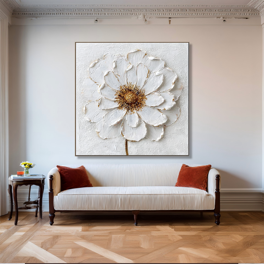 Textured white flower canvas art with gold accents and a soft, elegant appearance.