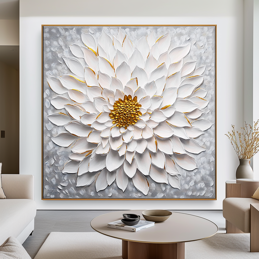 Textured white flower canvas art with gold accents, soft gray background.