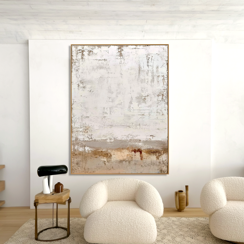 Abstract textured canvas art with soft white and beige tones, neutral and calming design.