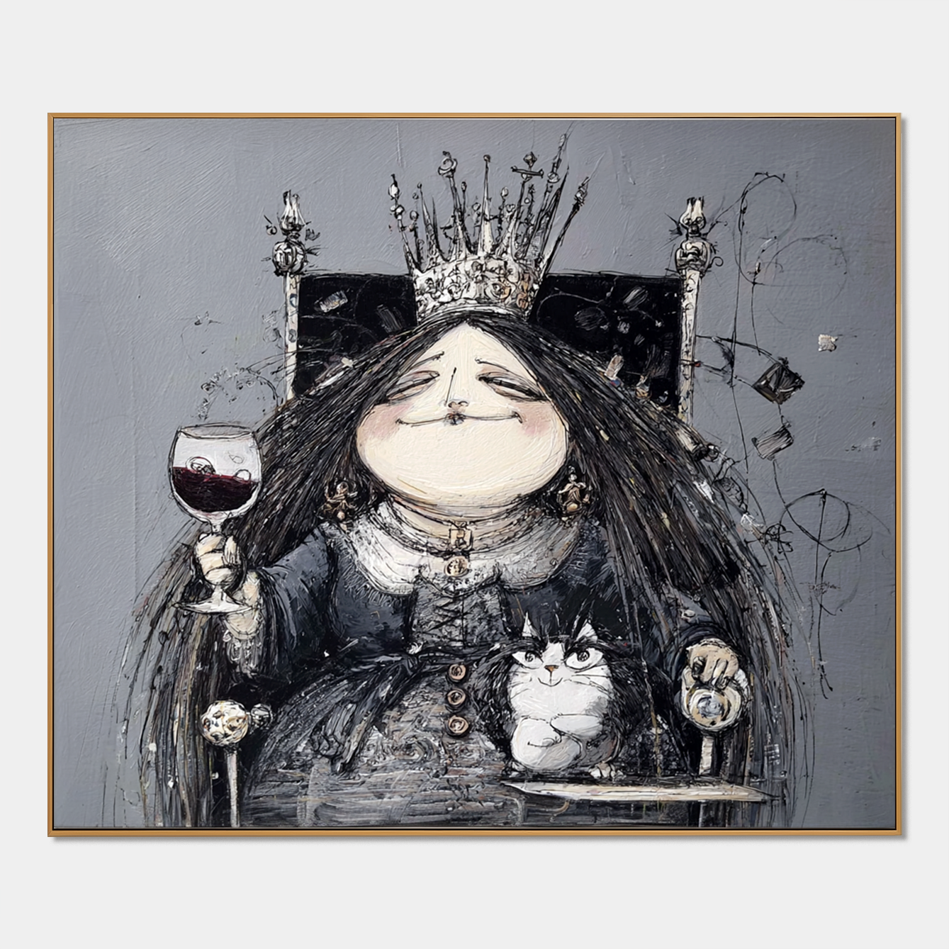Whimsical queen with a crown and a glass of wine, sitting with a cat in an abstract style.