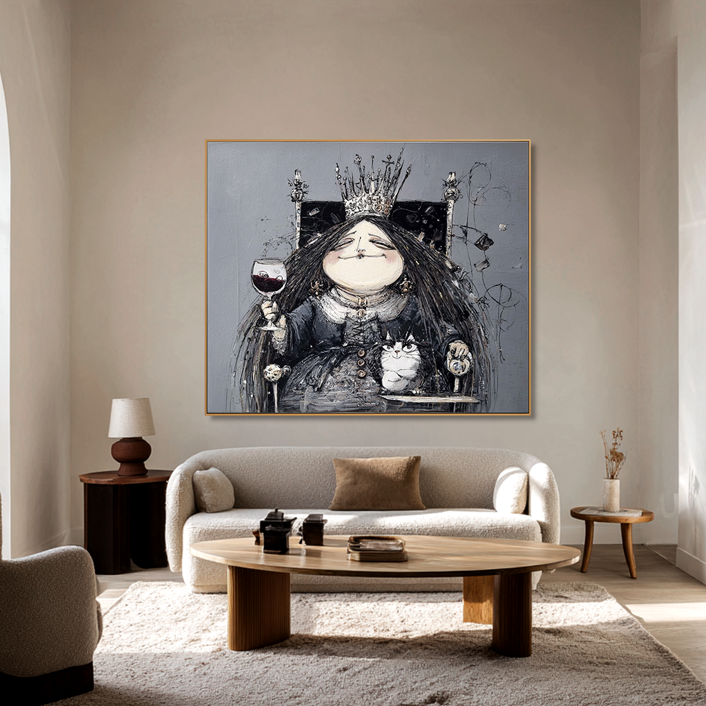 Whimsical queen with a crown and a glass of wine, sitting with a cat in an abstract style.